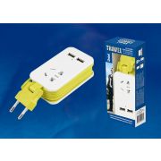 Удлинитель серии Travel, шнур 1,5м., 1 гнездо, б/з, 2USB*1,1A. Белый с салатовым. ТМ Uniel