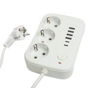 Удлинитель 3-местный c/з 3x1 мм2, 1,8 м, 250В, 10А, 4USB+2Type-C 2,4А, серия Home, белый STEKKER