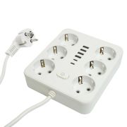 Удлинитель 6-местный c/з 3x1 мм2, 1,8 м, 250В, 10А, 4USB+2Type-C 2,4А, серия Home, белый STEKKER
